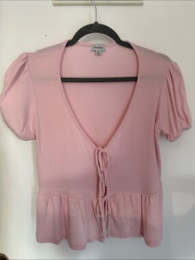 Faux Rose Pink Tie-Front Peplum Blouse